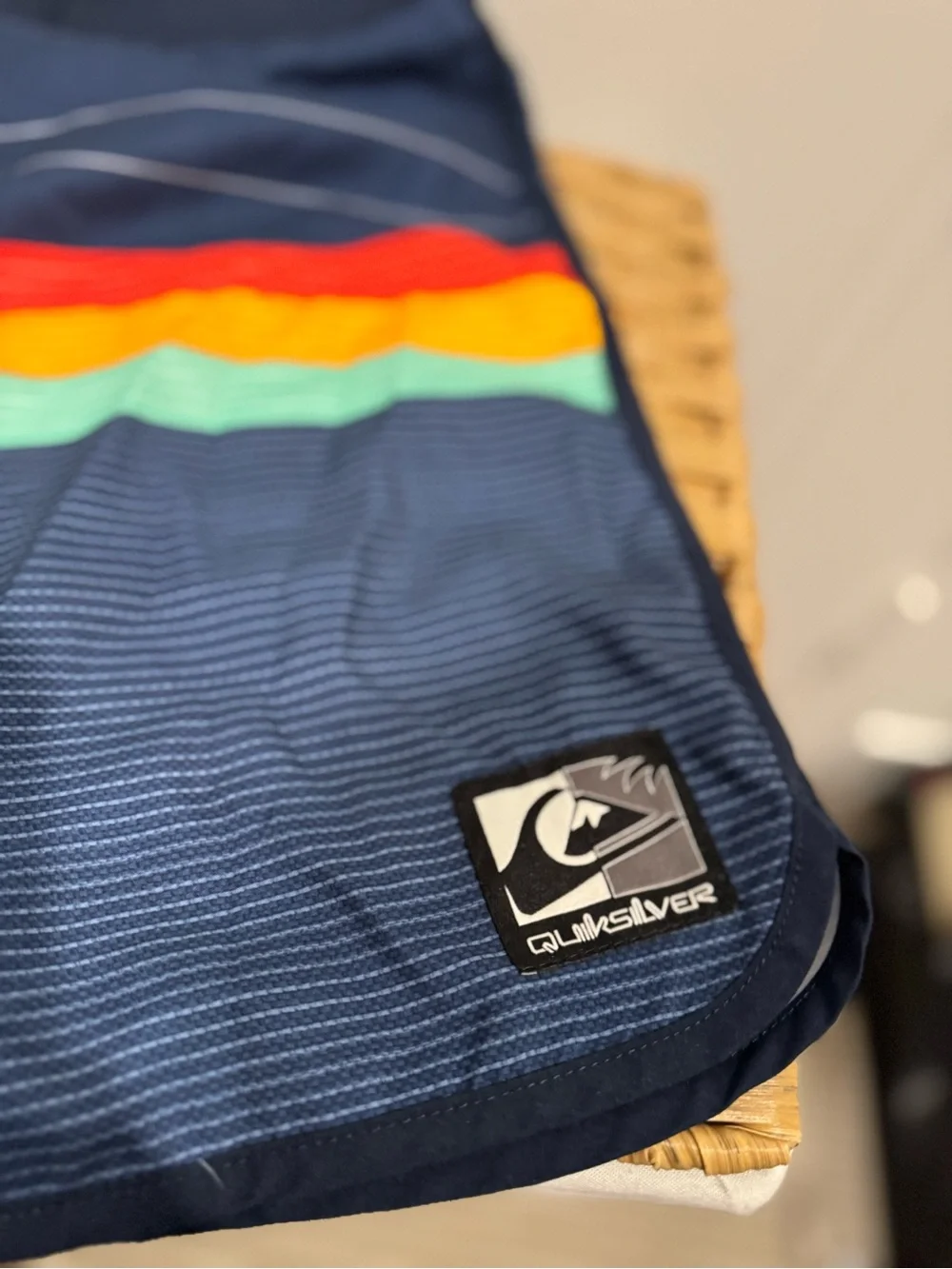 Quiksilver Men’s Navy Swim Board Shorts with Red, Orange, Yellow & Aqua Stripes
